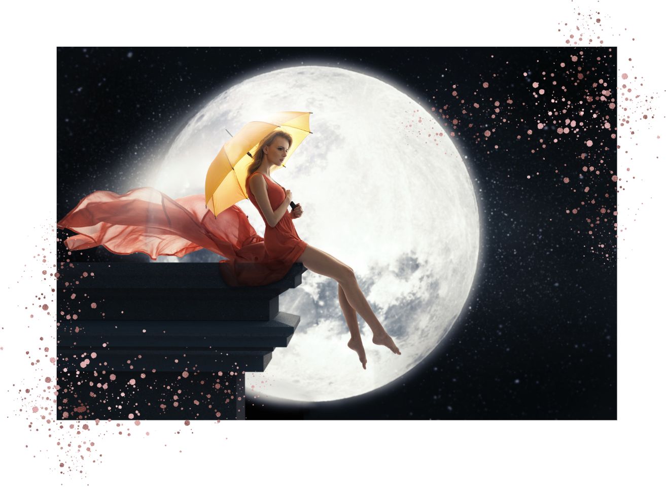 A woman with beautiful hair and a yellow umbrella sits on a rooftop  of Solstice Salon in Sylvania in front of the full moon